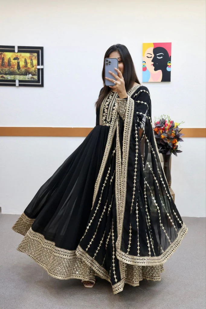 Fancy Sequence Coding Embrodery Work Anarkali Kurtaset With Dupatta 