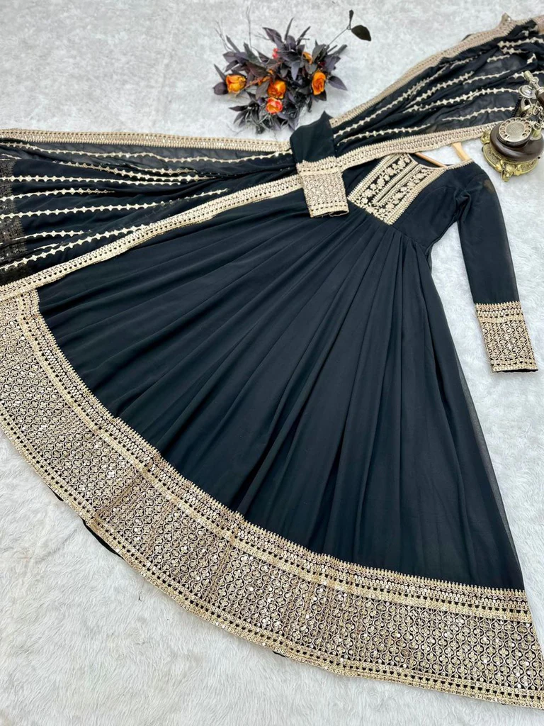 Fancy Sequence Coding Embrodery Work Anarkali Kurtaset With Dupatta 