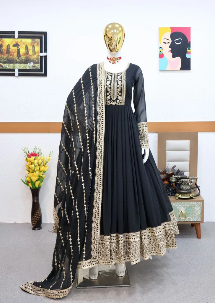 Fancy Sequence Coding Embrodery Work Anarkali Kurtaset With Dupatta 