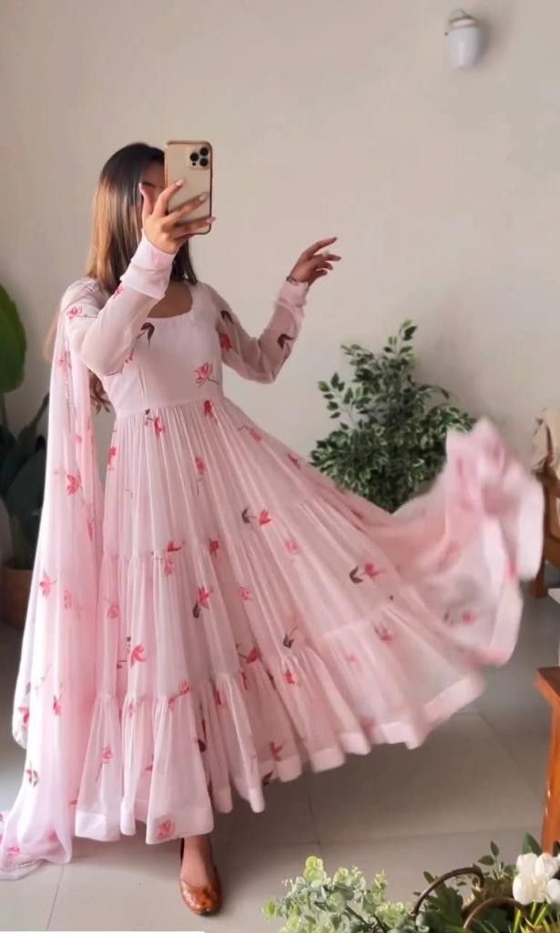 Pink Color Printed Anarkali Kurta Set 