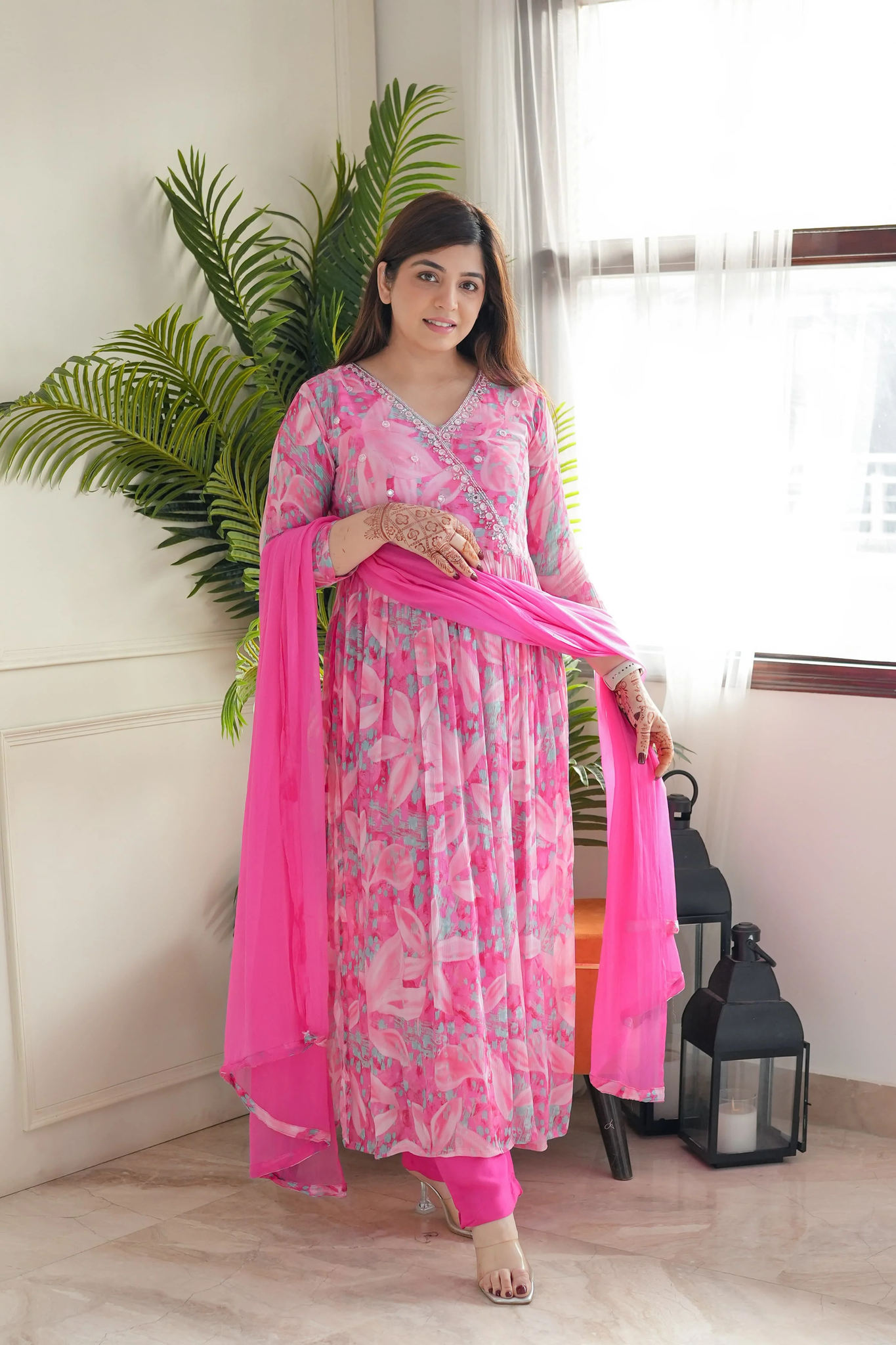 Pink Floral Angrakha Nayra Cut Suit Set 