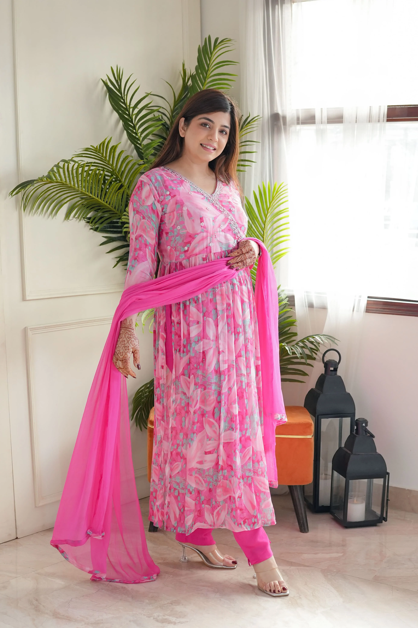 Pink Floral Angrakha Nayra Cut Suit Set 