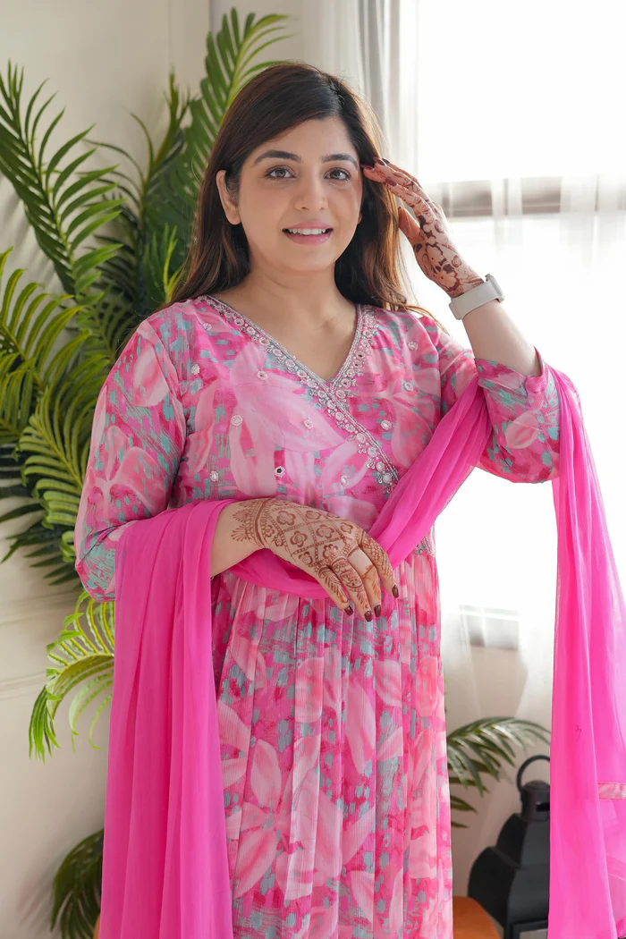 Pink Floral Angrakha Nayra Cut Suit Set 