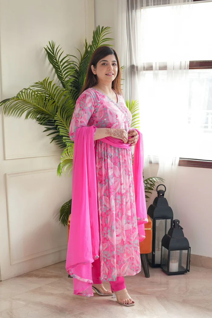 Pink Floral Angrakha Nayra Cut Suit Set 