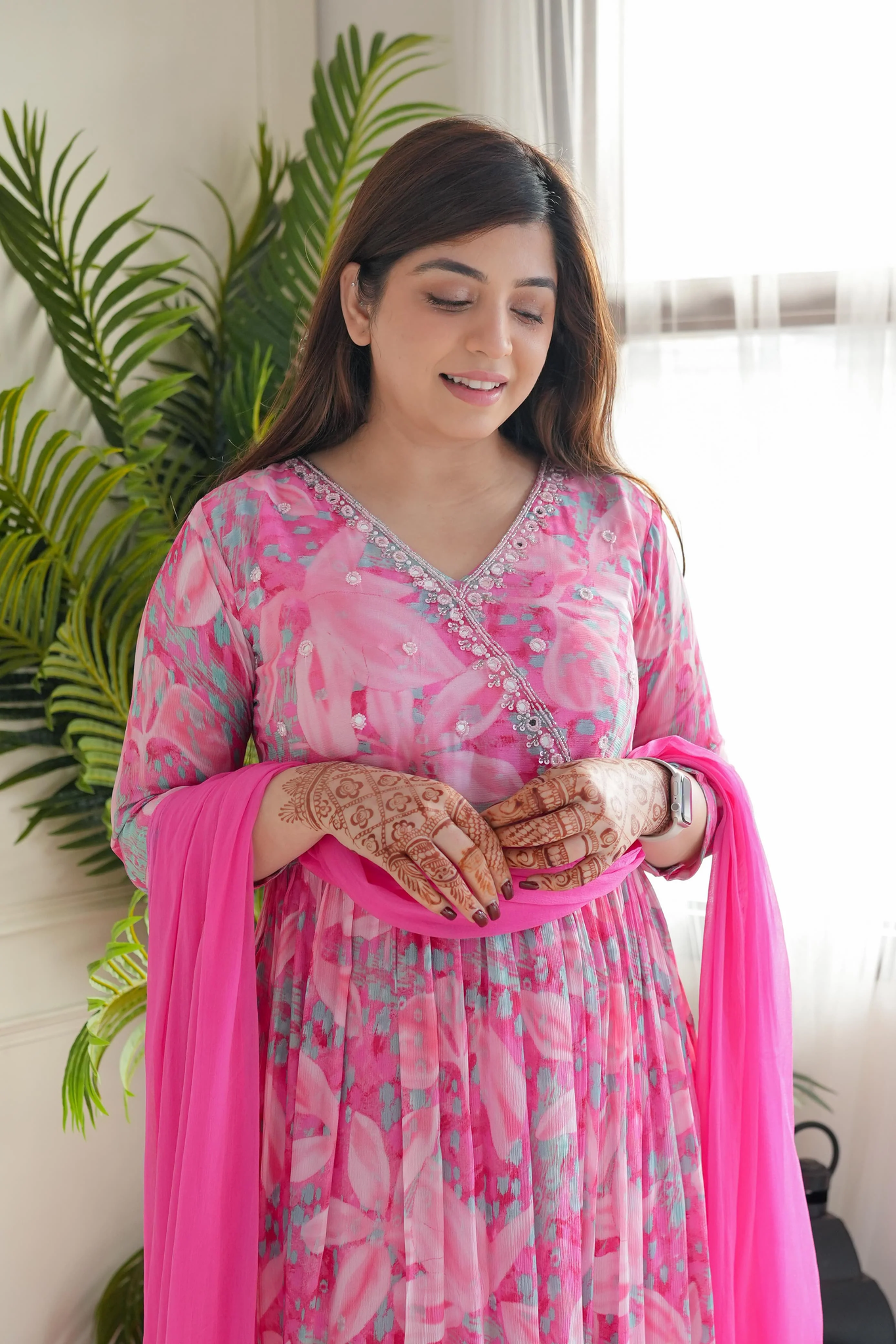 Pink Floral Angrakha Nayra Cut Suit Set 