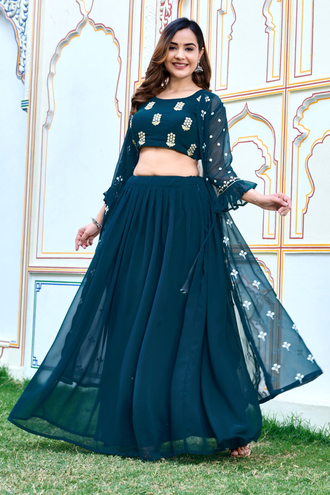 Green Embroidery Georgette Lahenga Choli 