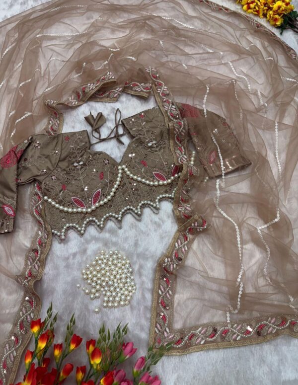 Elegant Brown Embroidered Saree with Pearl and Net Detailing