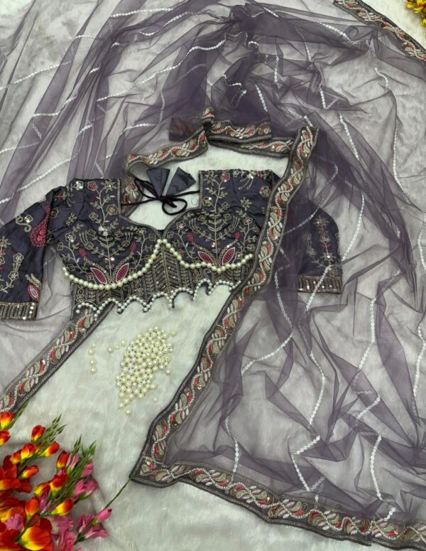 Elegant Lavender Embroidered Saree with Pearl and Net Detailing