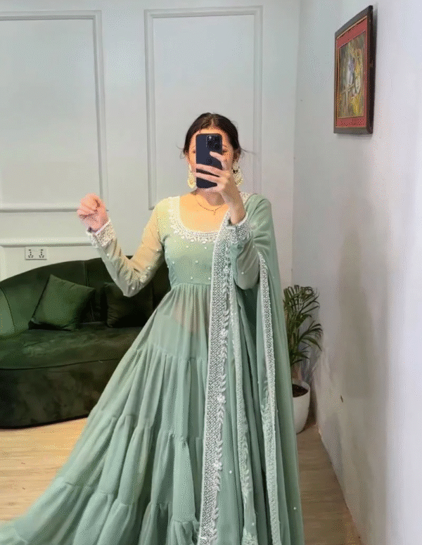 Pastel Green Georgette Anarkali Suit with Embroidered Dupatta