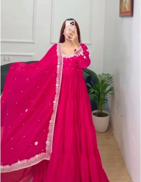 Bright Pink Anarkali Suit with White Embroidered Dupatta