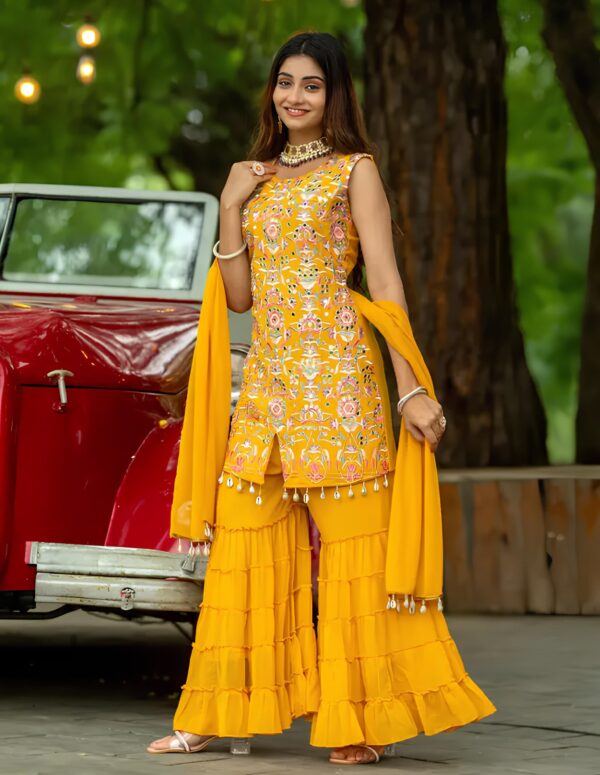 Yellow Embroidered Sharara Set for Haldi | Ruffle Palazzo Suit for Wedding Festive Wear