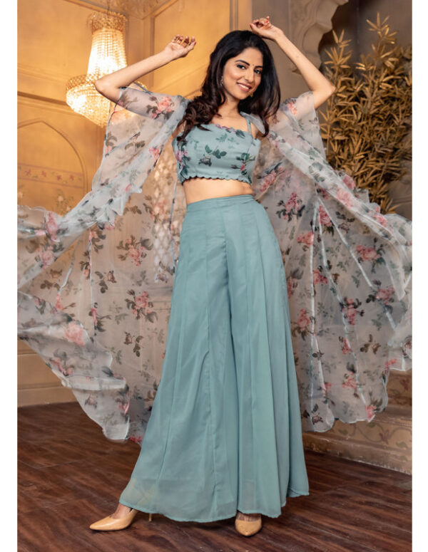 Women Grey Floral Top,Jacket And Plaazo Set 