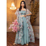 Women Grey Floral Top,Jacket And Plaazo Set 