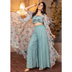 Women Grey Floral Top,Jacket And Plaazo Set 