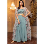 Women Grey Floral Top,Jacket And Plaazo Set 