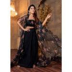 Women Black Floral Top,Jacket And Plaazo Set 