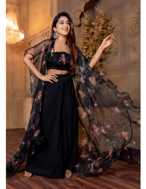 Women Black Floral Top,Jacket And Plaazo Set 