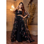 Women Black Floral Top,Jacket And Plaazo Set 