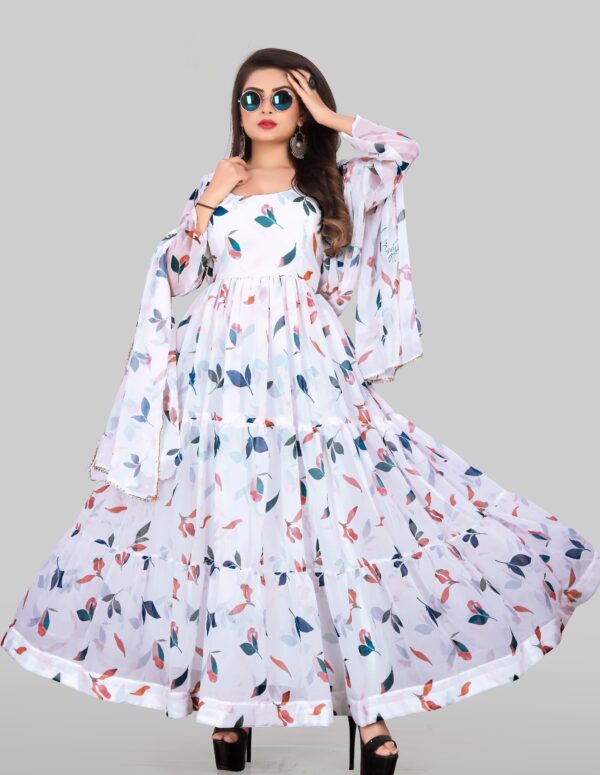 White Printed Georgette Anarkali Kurta Suit 