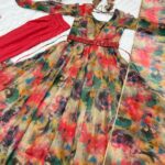 Red Color Printed Anarkali Kurta Set 