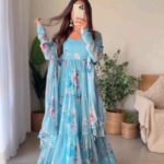 Aqua Blue Color Printed Anarkali Kurta Set 