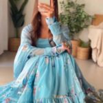 Aqua Blue Color Printed Anarkali Kurta Set 