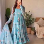 Aqua Blue Color Printed Anarkali Kurta Set 