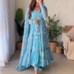 Aqua Blue Color Printed Anarkali Kurta Set 