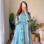 Aqua Blue Color Printed Anarkali Kurta Set 