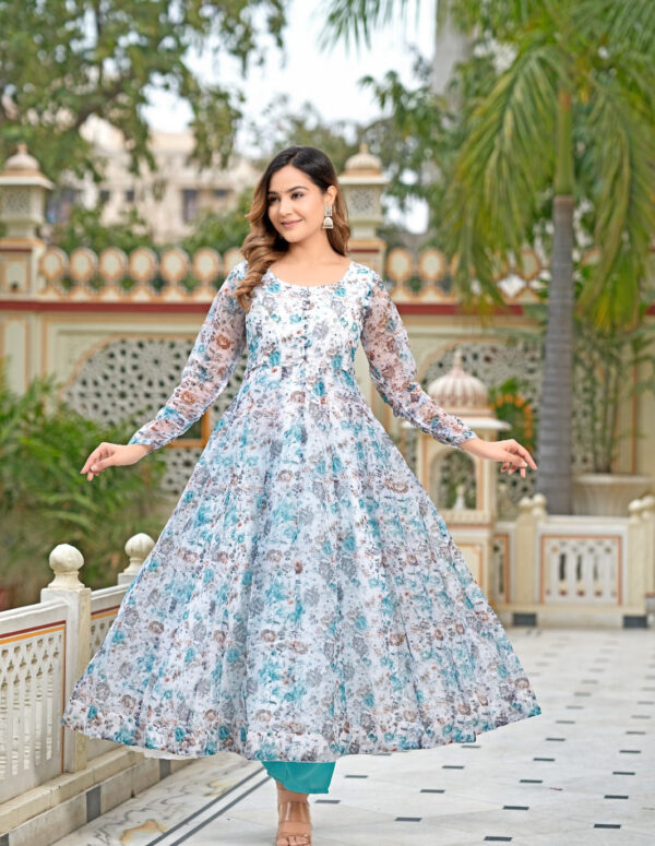 Multi Color Printed Organza Silk Anarkali Kurta Suit 