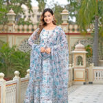 Multi Color Printed Organza Silk Anarkali Kurta Suit 