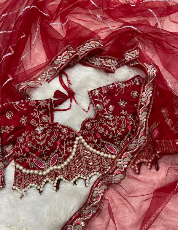 Elegant Red Embroidered Saree with Pearl and Net Detailing