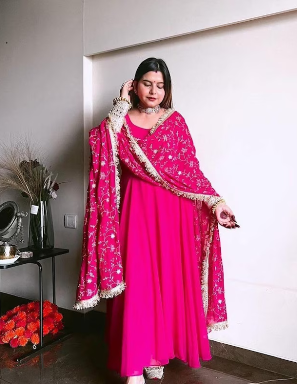 Indian Premium Designer Sequence Embroidery Work Full Flare Anarkali Style Gown Set With Heavy Fancy Lace Border Georgette Dupatta