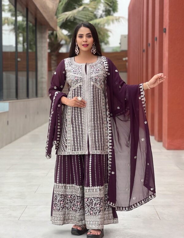 Designer Purple Embroidered Kurta with Palazzo & Dupatta Set for Women | Party Wear Ethnic Suit