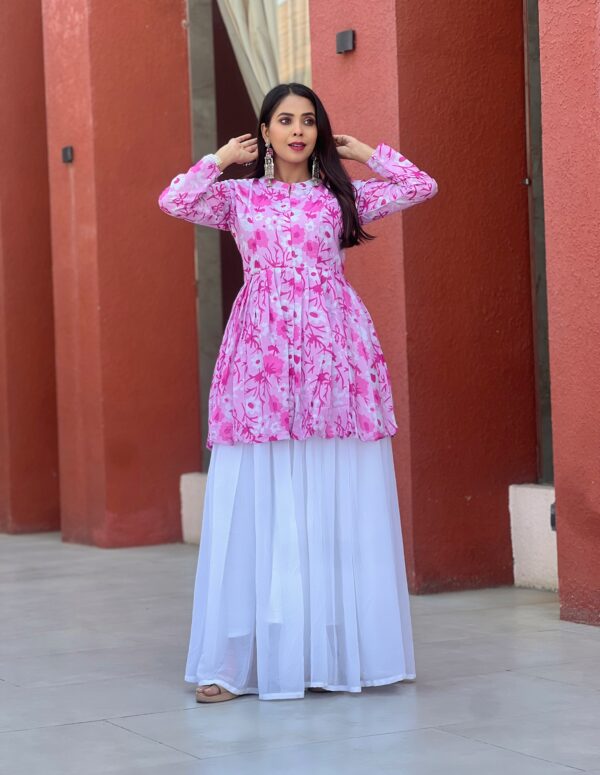 Pink Floral Printed Long Kurti with White Layered Skirt for Women
