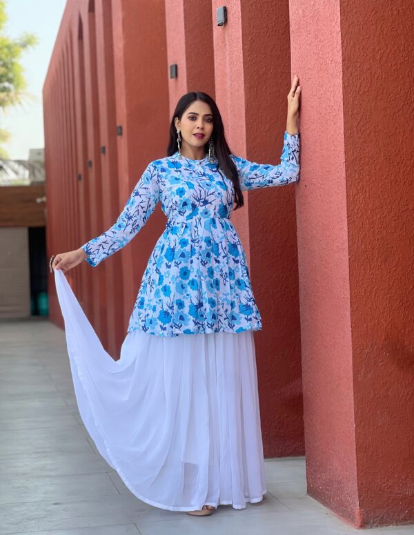 Blue Floral Printed A-Line Kurti with White Flowy Georgette Skirt for Women