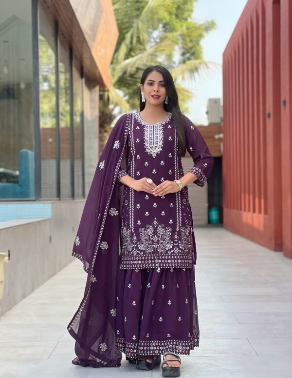Women’s Purple Embroidered Kurti Sharara Set with Dupatta | Heavy Partywear & Festive 3-Piece Suit