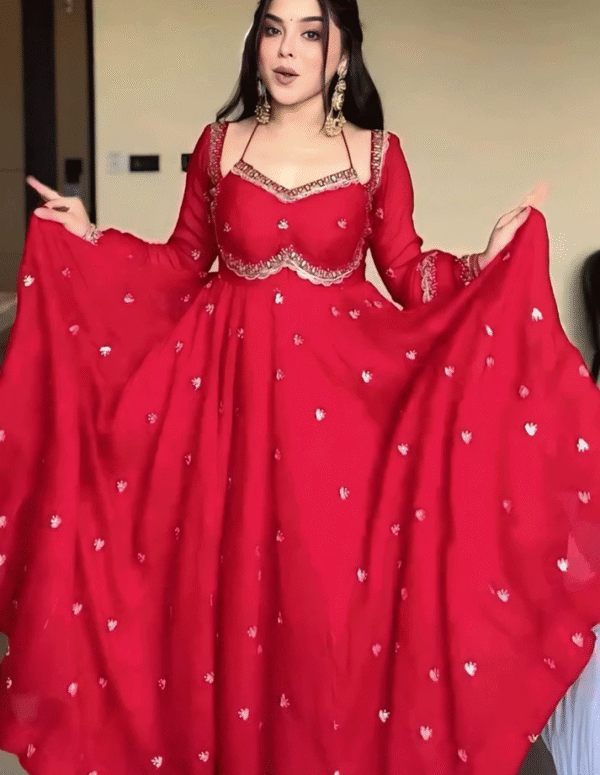 Red Embroidered Georgette Anarkali Gown with Dupatta & Flared Sleeves