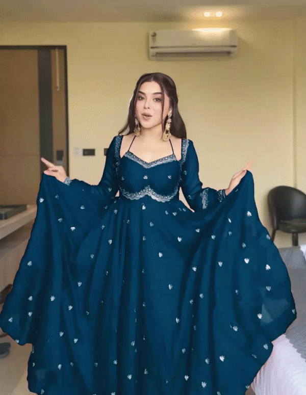 Teal Blue Embroidered Georgette Anarkali Gown with Dupatta & Flared Sleeves