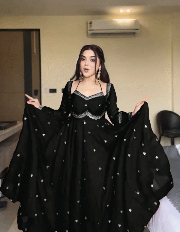 Black Embroidered Georgette Anarkali Gown with Dupatta & Flared Sleeves