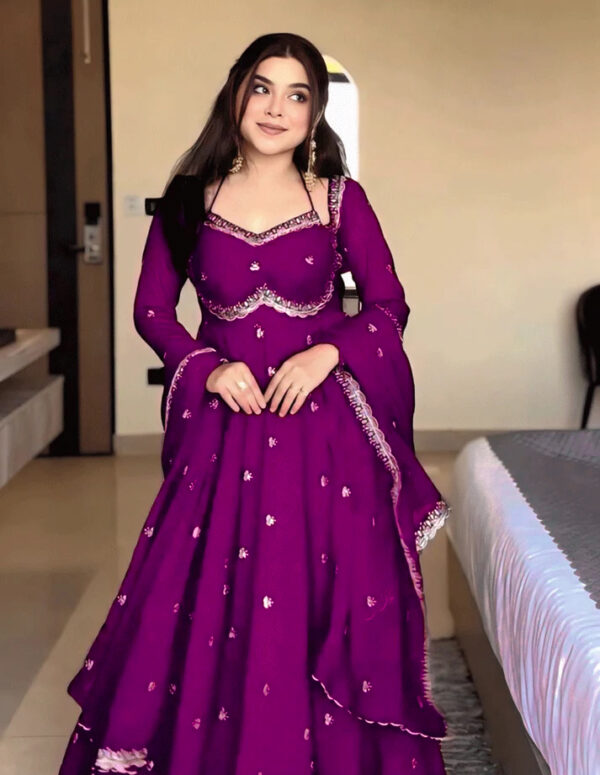 Wine Embroidered Anarkali Gown with Flared Design – Festive & Party Wear