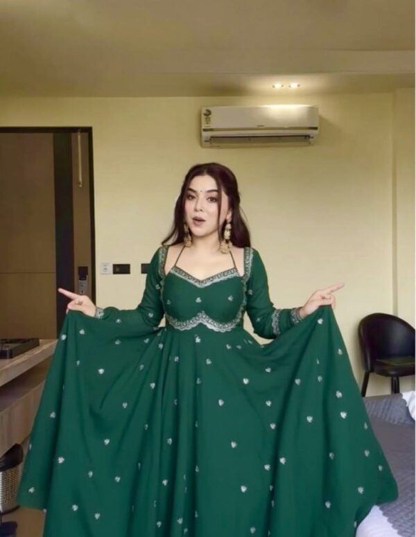 Green Embroidered Anarkali Gown with Flared Silhouette – Festive & Party Wear